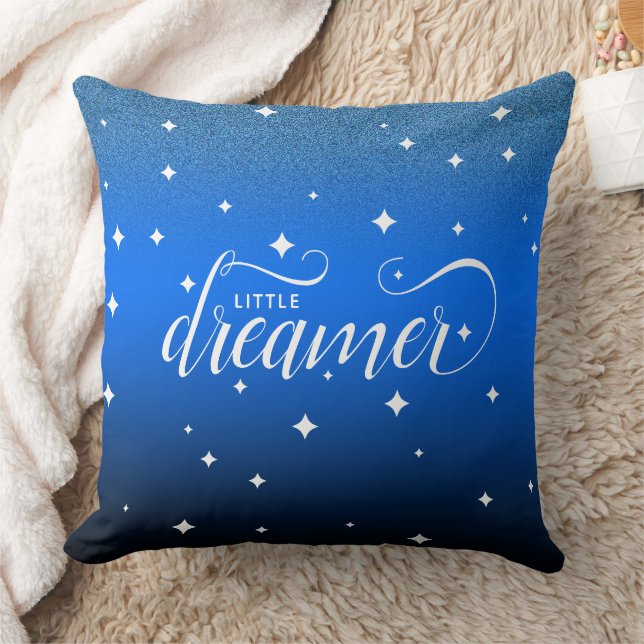 Cute Ombre Midnight Blue Starry Little Dreamer Throw Pillow (Blanket)