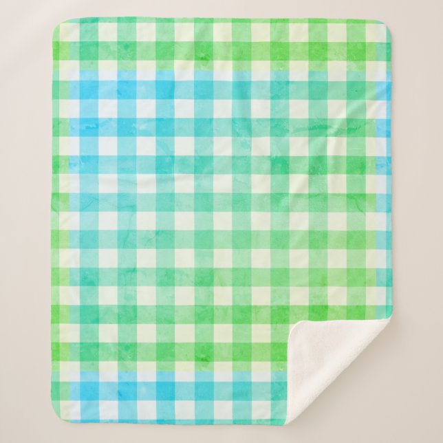Cute Ombre Plaid Gingham Country Farmhouse Sherpa Blanket (Front)