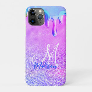 Cute ombre purple pink glitter unicorn monogram no iPhone 11 pro case