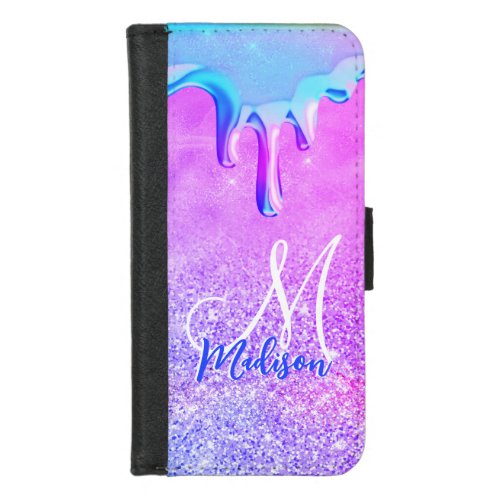 Cute ombre purple pink glitter unicorn monogram no iPhone 87 wallet case