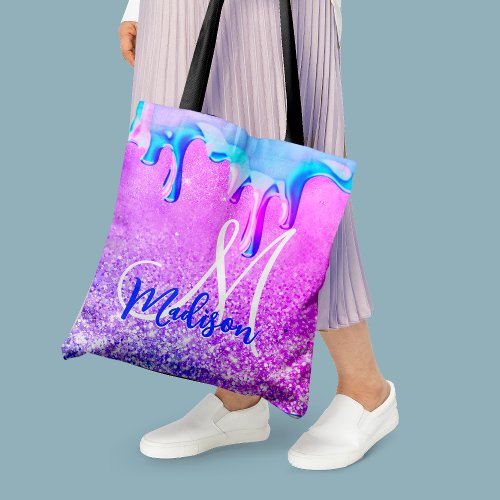 Cute ombre purple pink glitter unicorn monogram no tote bag