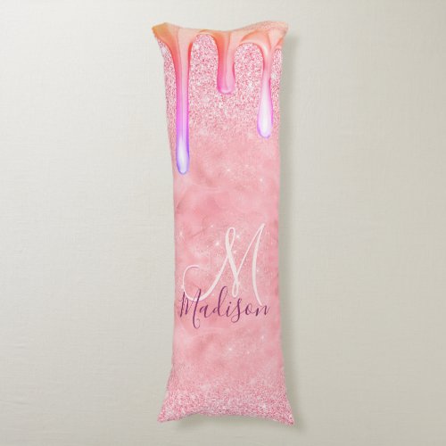Cute ombre rose gold faux glitter drips monogram body pillow