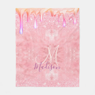 Cute ombre rose gold faux glitter drips monogram fleece blanket