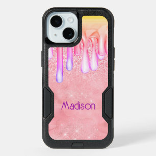 Cute ombre rose gold faux glitter drips monogram iPhone 15 case