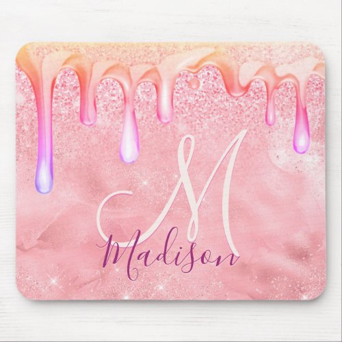Cute ombre rose gold faux glitter drips monogram mouse pad