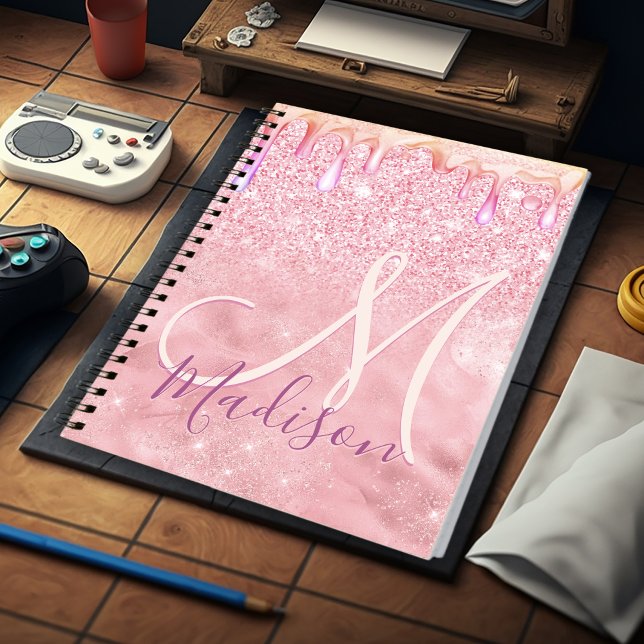 Cute ombre rose gold faux glitter drips monogram notebook (Creator Uploaded)