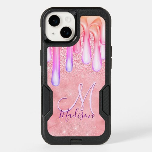 Cute ombre rose gold faux glitter drips monogram OtterBox iPhone 14 case
