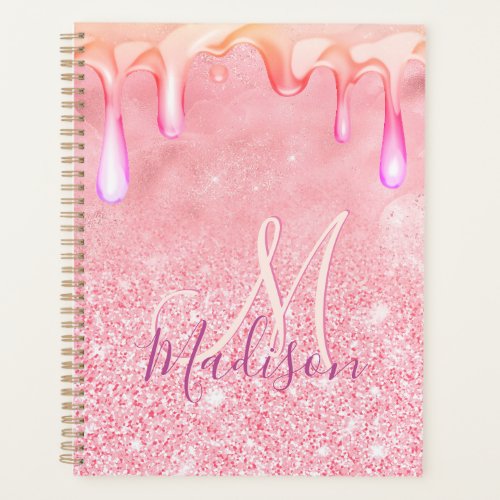 Cute ombre rose gold faux glitter drips monogram planner
