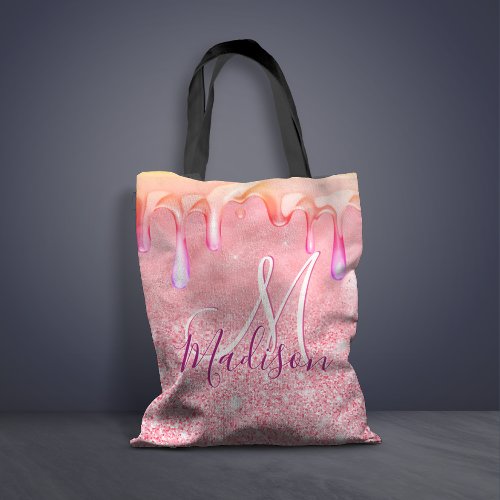 Cute ombre rose gold faux glitter drips monogram tote bag