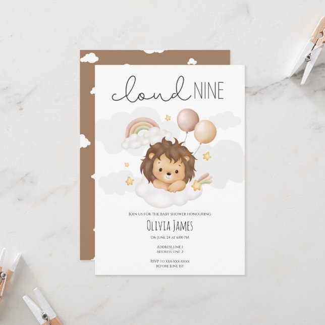 Cute On Cloud 9 Baby Shower Invitation (Front/Back In Situ)