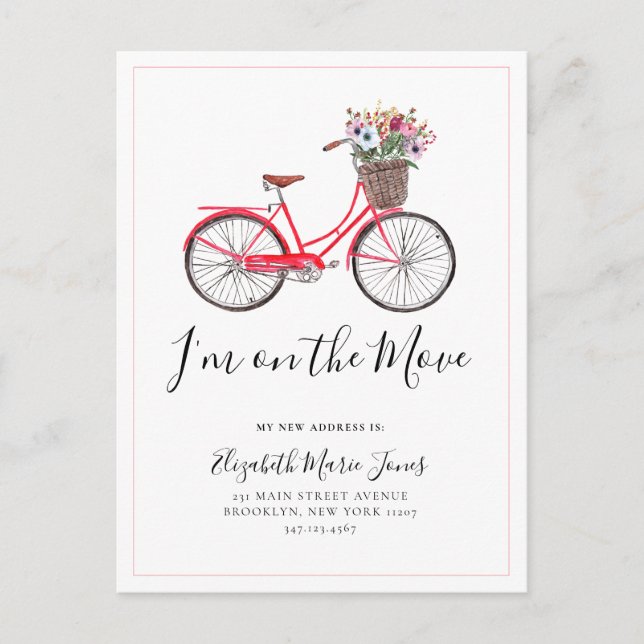 Cute On the Move Floral Bicycle New Address Moving Announcement Postcard (Front)
