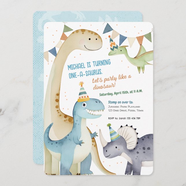 Cute One-A-Saurus Boy 1st Dinomite Party Invitation (Front/Back)
