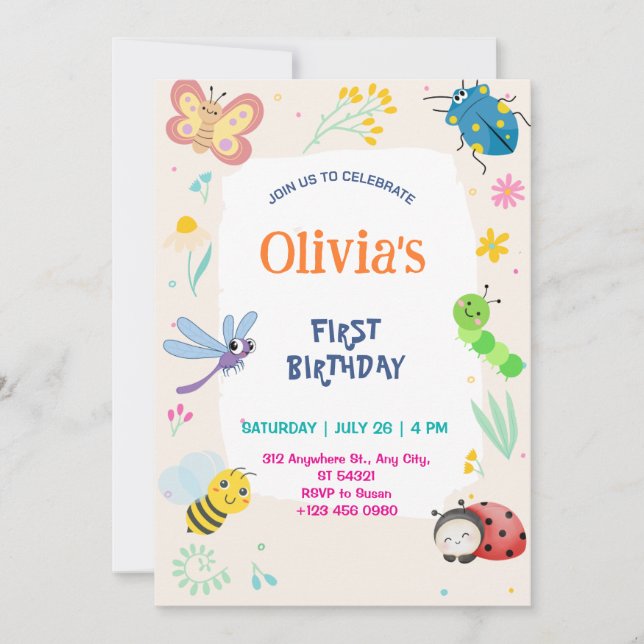 Cute One Bug & Butterflies 1st Birthday Invitation (Front)