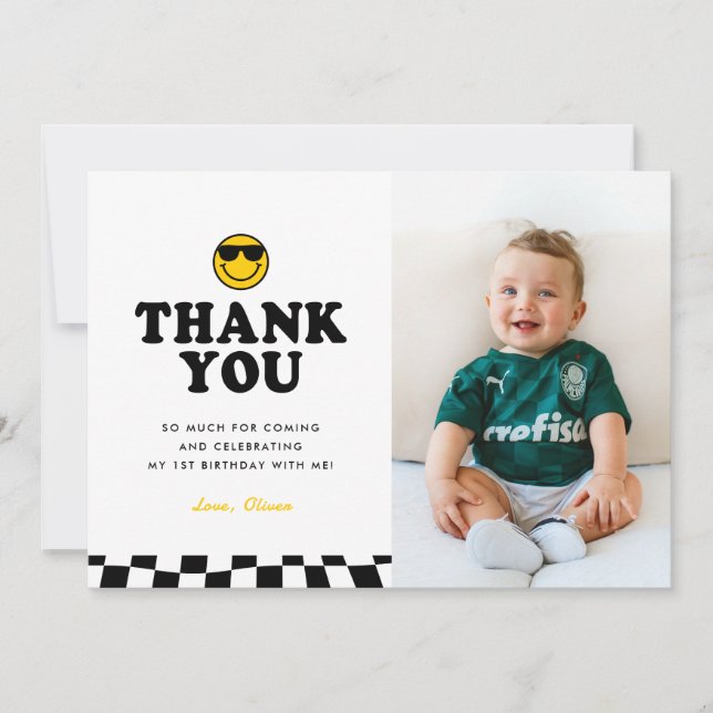 Cute One Cool Dude Happy Photo Boy 1st Birthday Thank You Card (Front)