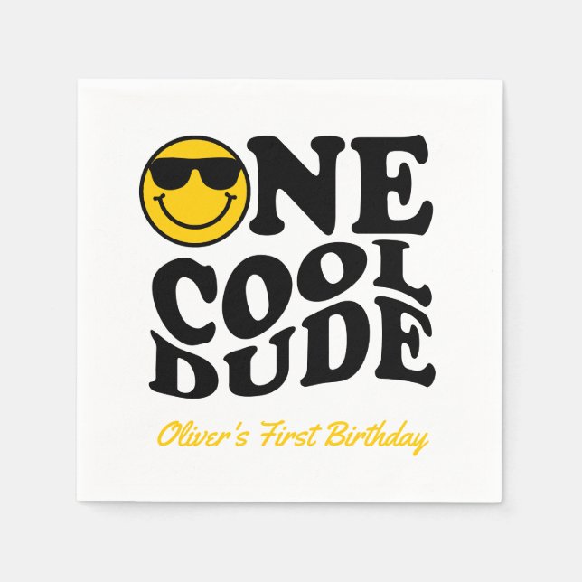 Cute One Cool Dude Retro Happy Face 1st Birthday Napkins (Front)