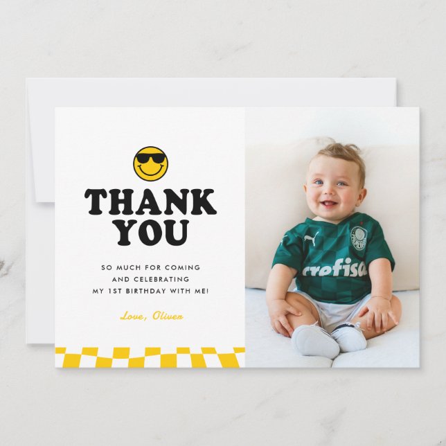 Cute One Cool Dude Smile Photo Boy 1st Birthday Thank You Card (Front)