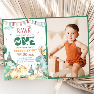 Cute One Dino Mite Dinosaur 1st Birthday Photo Invitation
