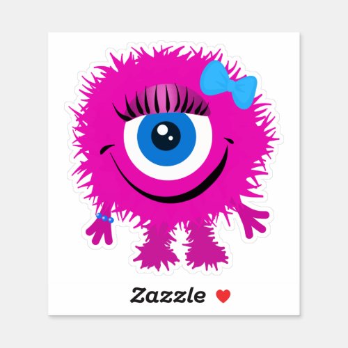 Cute One Eyed Pink Fuzzy Monster 4 x 4 Sticker
