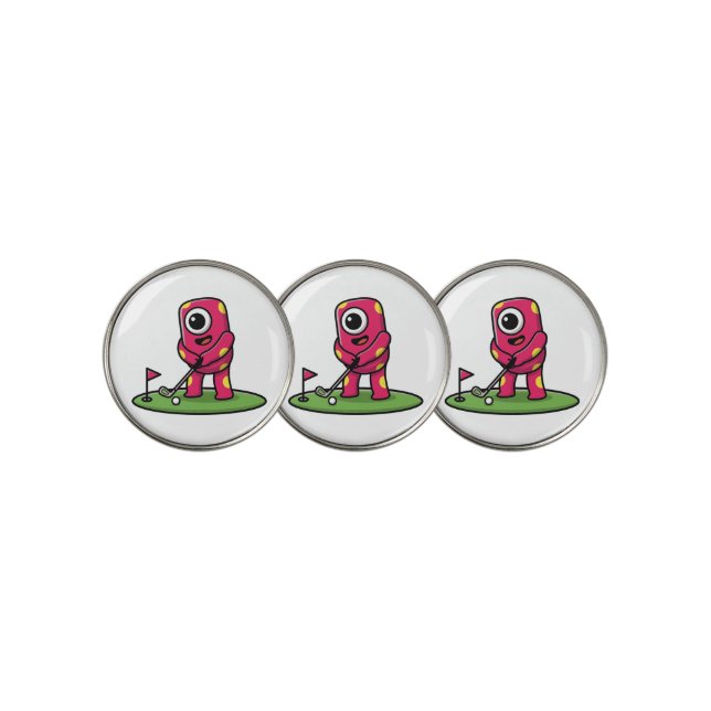 Cute One-Eyed Pink Monster Playing Golf Cartoon Ball Marker (3 Up)