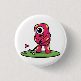 Cute One-Eyed Pink Monster Playing Golf Cartoon Button