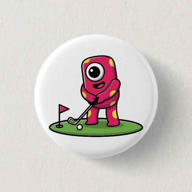 Cute One-Eyed Pink Monster Playing Golf Cartoon Button (Front)