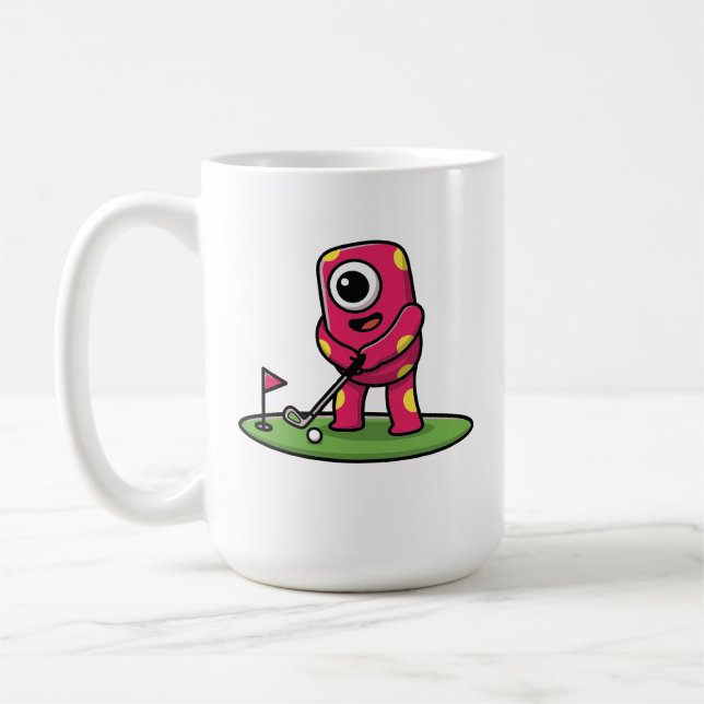 Cute One-Eyed Pink Monster Playing Golf Cartoon Coffee Mug (Left)