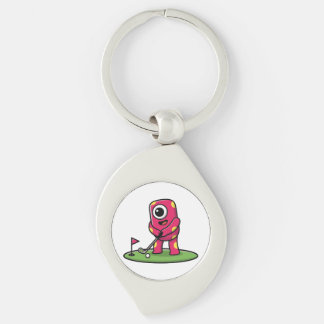 Cute One-Eyed Pink Monster Playing Golf Cartoon Keychain