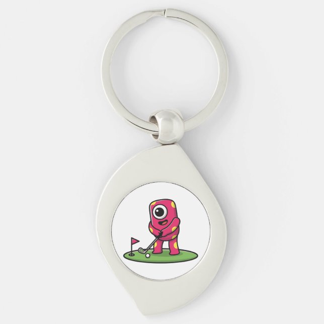 Cute One-Eyed Pink Monster Playing Golf Cartoon Keychain (Front)