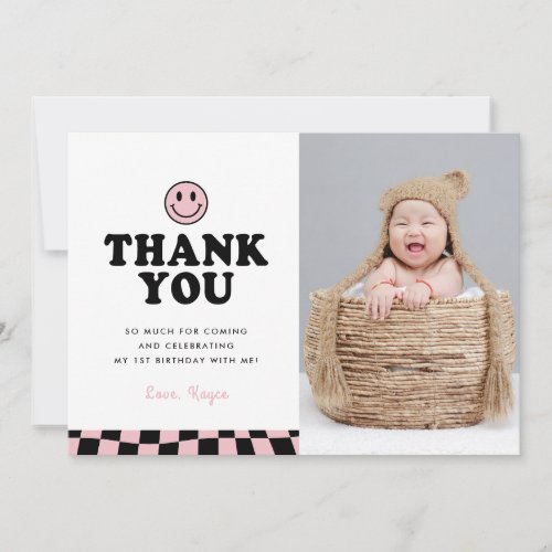 Cute One Happy Babe Happy Photo Girl 1st Birthday Thank You Card