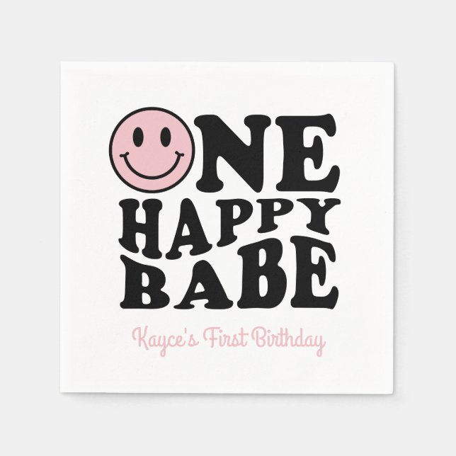 Cute One Happy Babe Retro Happy Face 1st Birthday Napkins (Front)
