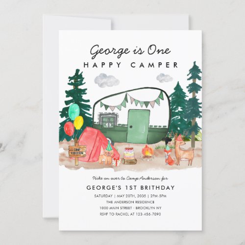 Cute ONE Happy Camper Forest Camping 1st Birthday Invitation