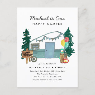 Cute One Happy Camper Trees Camping 1st Birthday Postcard