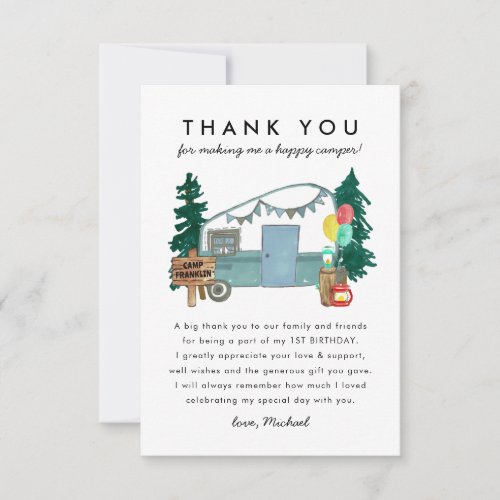 Cute One Happy Camper Trees Camping 1st Birthday Thank You Card