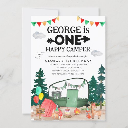 Cute ONE Happy Camper Woods Camping 1st Birthday Invitation