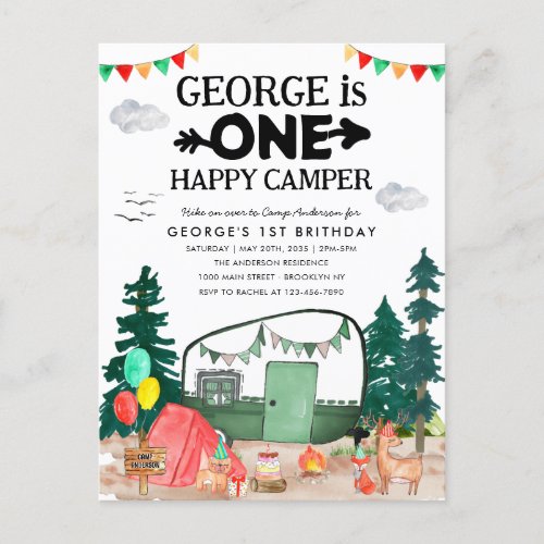 Cute ONE Happy Camper Woods Camping 1st Birthday Postcard