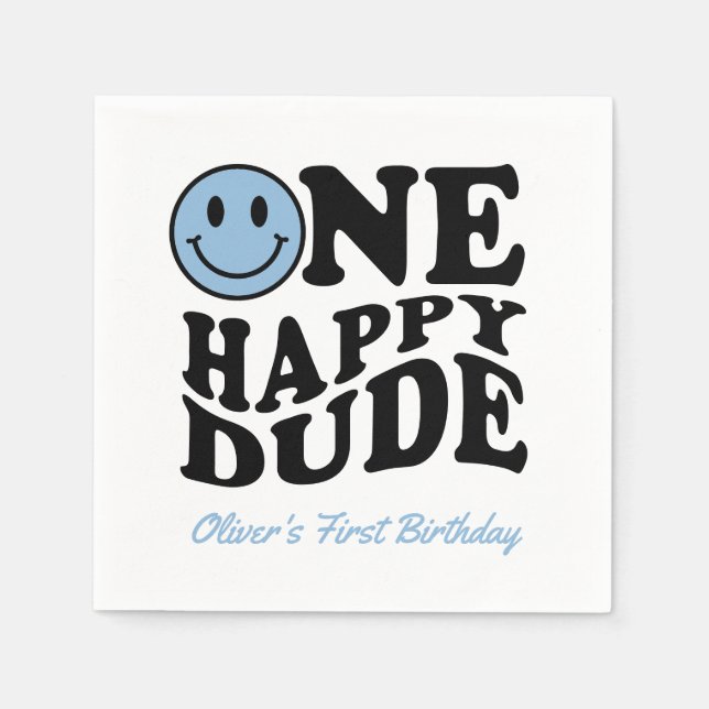 Cute One Happy Dude Blue Happy Face 1st Birthday Napkins (Front)