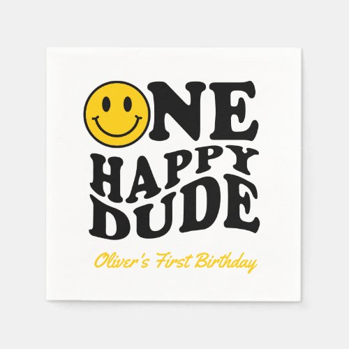 Cute One Happy Dude Retro Happy Face 1st Birthday Napkins