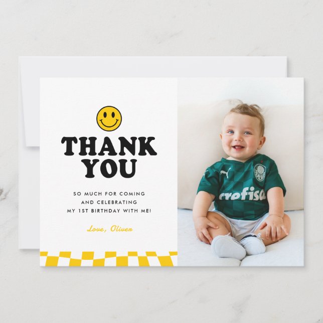 Cute One Happy Dude Smile Photo Boy 1st Birthday Thank You Card (Front)