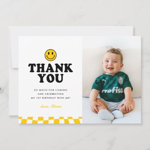 Cute One Happy Dude Smile Photo Boy 1st Birthday Thank You Card