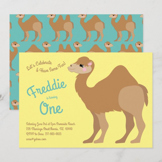 Cute One Hump Camel Kids 1st Birthday Party Invitation (Front/Back)