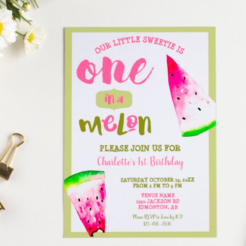 Cute One in a Melon 1st Birthday Pink Green Invitation