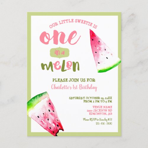 Cute One in a Melon 1st Birthday Pink Green Postcard