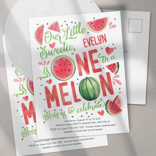 Cute One in a Melon Baby Girl Summer 1st Birthday Invitation Postcard