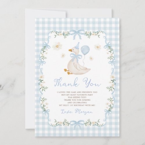 Cute One Silly Goose Blue Bow First Birthday Thank You Card