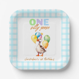 Cute One Silly Goose Blue Gingham 1st Birthday Paper Plates