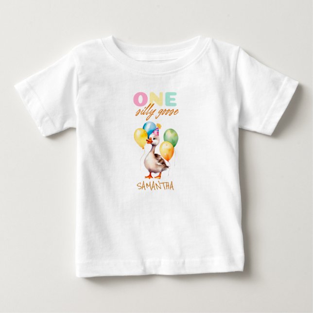 Cute One Silly Goose Girl Pink 1st Birthday Baby T-Shirt (Front)