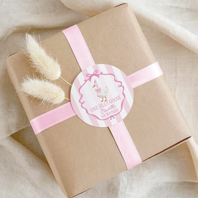 Cute One Silly Goose Pink Bow First Birthday Classic Round Sticker (Cute One Silly Goose Pink Bow First Birthday Classic Round Sticker)