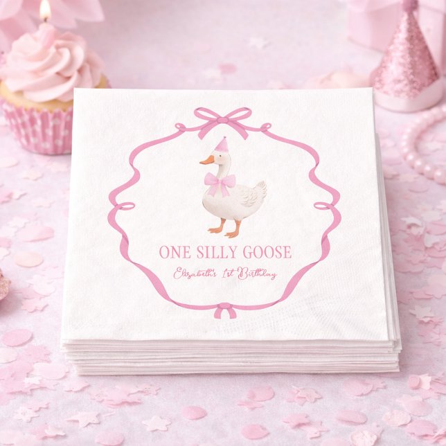 Cute One Silly Goose Pink Bow First Birthday Napkins (Cute One Silly Goose Pink Bow First Birthday Napkins)