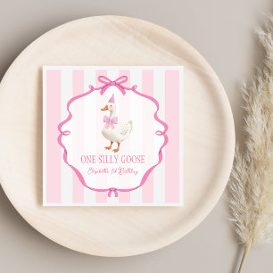 Cute One Silly Goose Pink Bow First Birthday Napkins