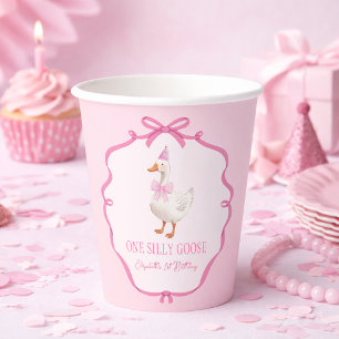 Cute One Silly Goose Pink Bow First Birthday Paper Cups